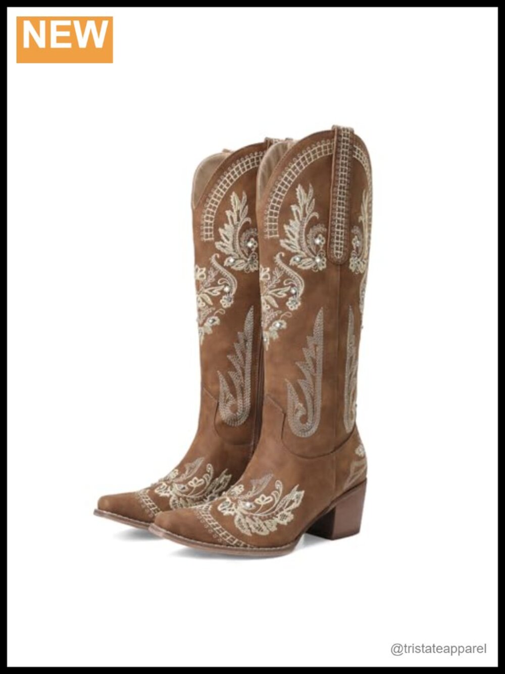 Women Knee High Cowboy Boots Rhinestone Embroidered Western Pointed Toe